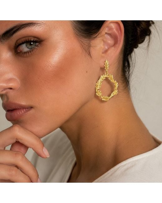 Unaloe Metallic Plated Leaf Hoop Earrings – Botanical Statement Drop Earrings – Handmade Italian Jewelry For