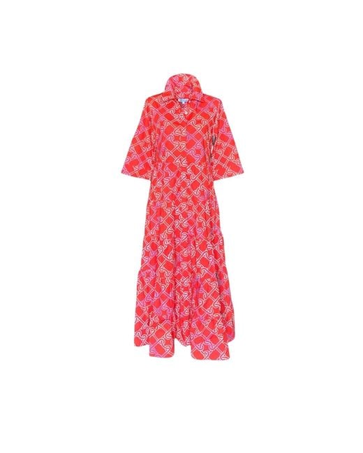 Perlavera Red Maribelle Chains Cherry-Printed Three Quarter-Sleeve Length Maxi Dress