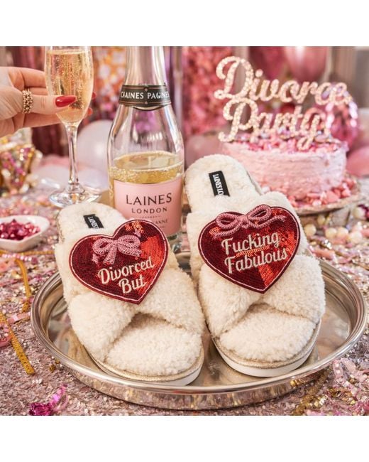 Laines London Red Neutrals Laines Neutral Boucle Slippers With Divorced But Fucking Fabulous Brooches