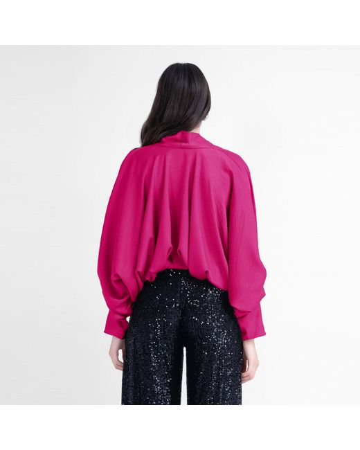 BLUZAT Pink Fuchsia Blouse With Draped Sleeves And V-Neck