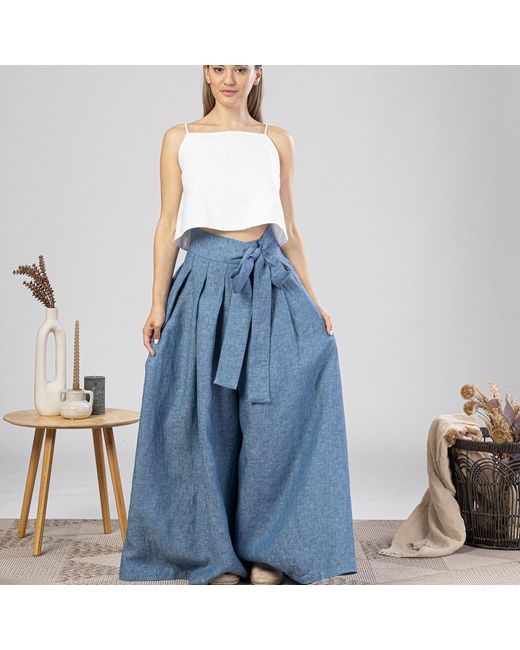 Nikka Place Blue Wide Leg Baggy Linen Pants With High Waist And Front Tie