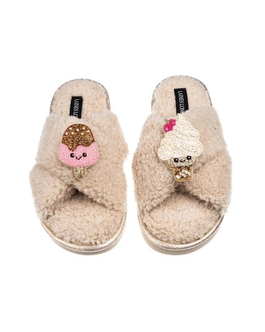 Laines London Pink Neutrals Laines Boucle Slippers With Laines Lovables Ice Lolly & Ice Cream Brooches