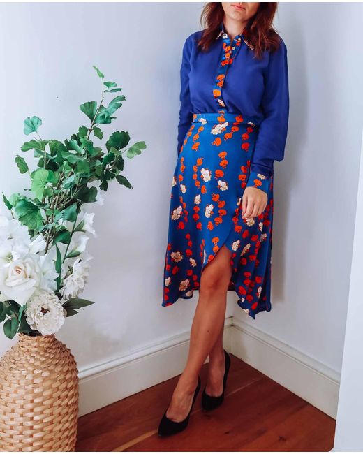 Sophie Cameron Davies Blue Floral Silk Wrap Skirt