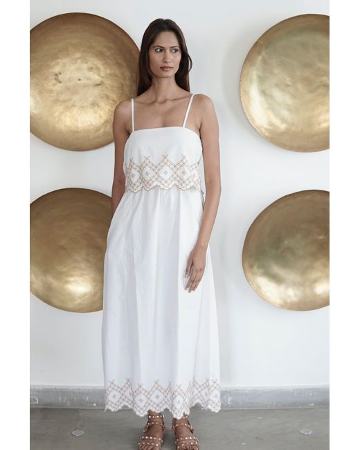 La Mandarine White Embroidered Summer Maxi Dress With Pockets Elena
