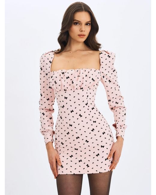 Miss Circle New York Pink Perla Baby Ruched Bust Velvet-Embossed Bow Mini Dress