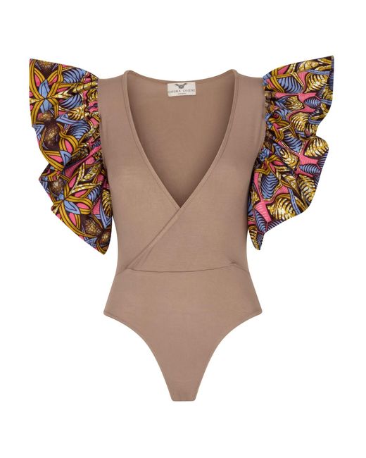 Ohema Ohene Brown Neutrals African Print Frill Sleeves Taupe Wrap Bodysuit