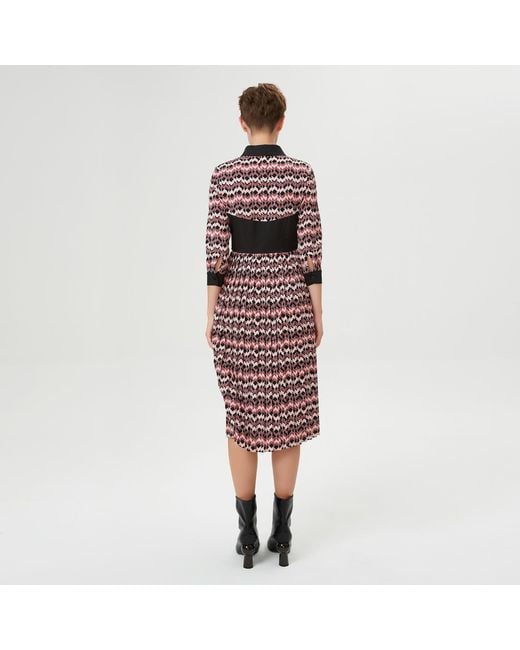 Smart and Joy Red Bi-Material Pleated Shirt Dress With Appliqué Belt & Herringbone Print