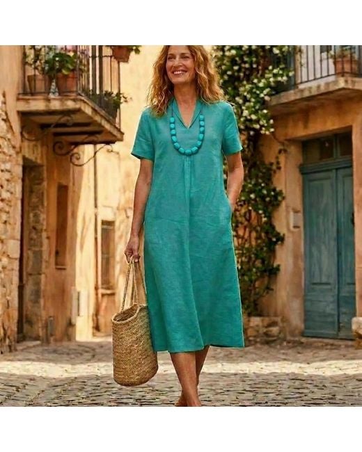 NoLoGo-chic Green Elodie Short Sleeve Midi Dress Linen