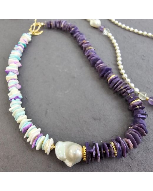 Farra Blue Vibrant Charoite And Colorful Shell With Baroque Pearl Necklace