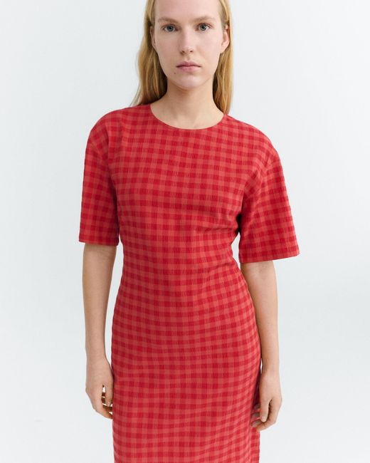 Thinking Mu Red Seersucker Long Dress With Back Opening Kina