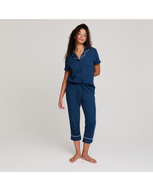 Pretty You London Blue Luxury Suite Waffle Short & Shirt Trouser Set