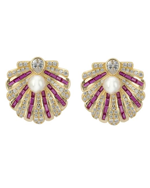 Latelita London Pink Art Deco Scallop Shell Earrings Ruby Red With Pearl Gold
