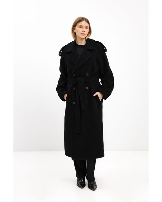 InAvati Black Long Double-Breasted Wool Coat