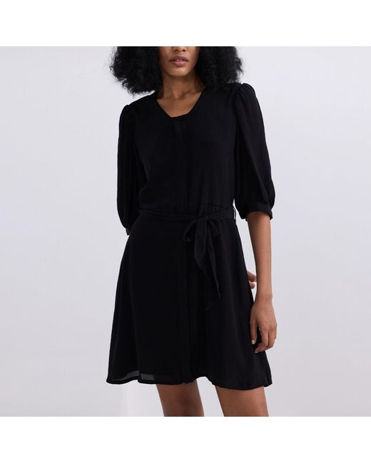 REISTOR Black Short Crepe Dress With A Waist-Tie