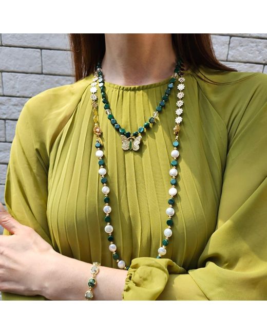 Farra Metallic Coin Shaped Malachite And Freshwater Pearls With Flower Chain Versatile Necklace