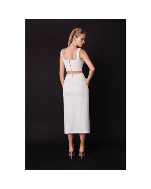Nomi Fame White Noara Creamy Midi Front Slit Skirt Set