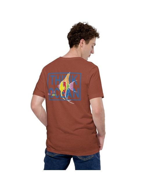 Anchor and Crew Orange Clay Think Ocean Fish Fluorescence Cotton Embroidered T-Shirt for men