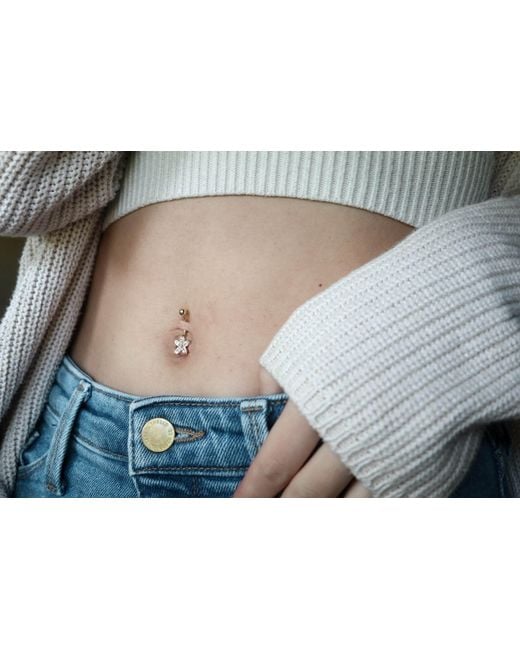 Zahav Jewelry Metallic 14K Solid 14G Flower Cz Belly Ring