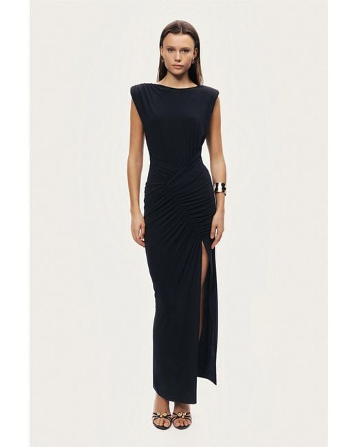 Nocturne Black Ruched Side-Slit Maxi Dress