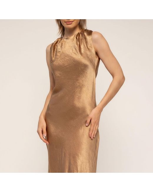 Tantra Spain Sl Brown Silk-Textured Midi Dress With A Gathered Neckline, Straight And Flowing