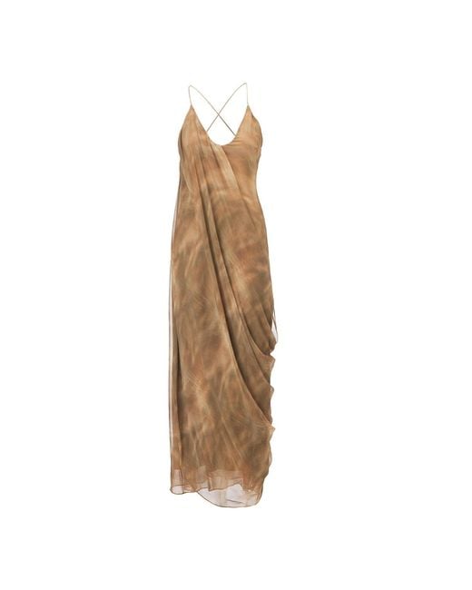 Belsize25 Natural Neutrals Lumen Print Smoky Oud Draped Silk Resort Dress