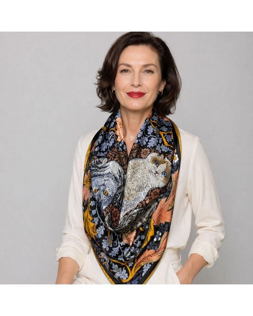 Wenzi Blue Whiskered Court Hand Painted Double Sided Silk Twill Scarf