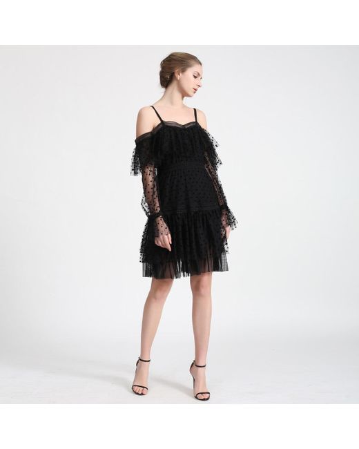 Smart and Joy Black Negligee Style Dress In Polka Dot Tulle