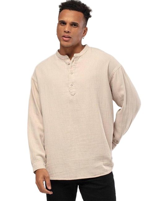 Monique Store Natural Linen Mandarin Neck Half Button Long Sleeve Shirt Beije for men
