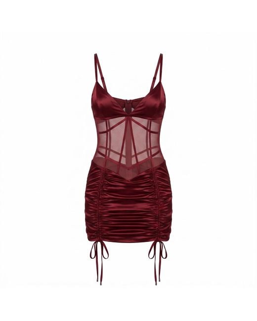 Clerestory Red Amarante Ruched Mesh-Waist Mini Dress