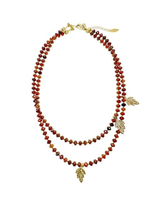 Farra Metallic Birthstone Garnet With Leaves Charms Double Strands Necklace