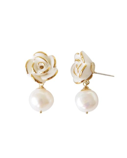 POPORCELAIN Metallic Golden White Cloud Rose Pearl Drop Earrings