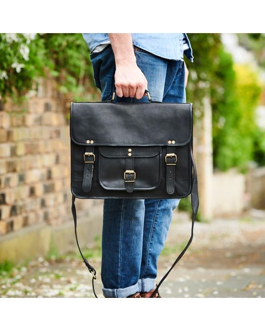 VIDA VIDA Black Leather Satchel Laptop Bag for men