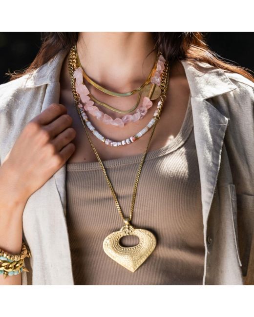 Rachel Nathan Pink Raw Rose Quartz & Brass Medallion Necklace