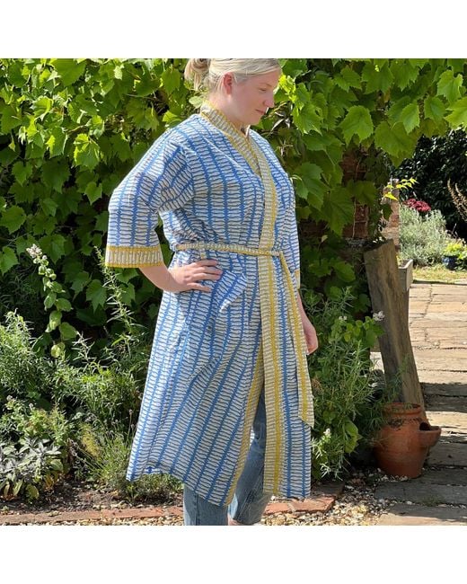 Lime Tree Design Blue Full Length Cotton Kimono Beach Cover Up