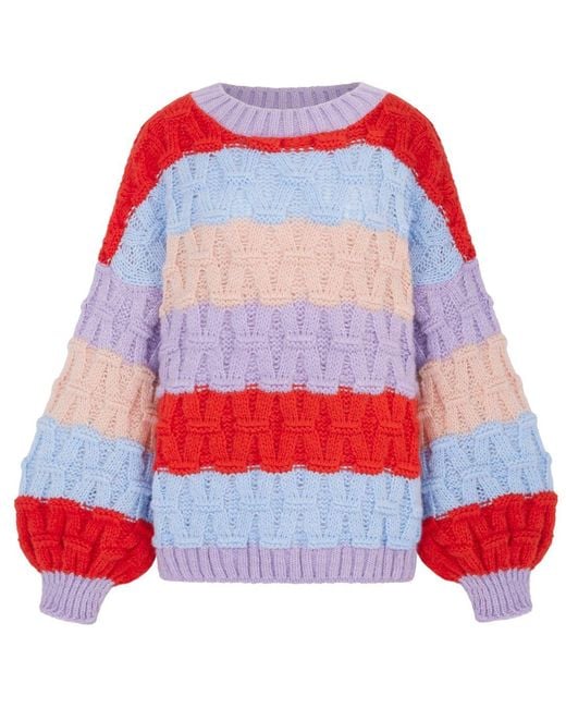 Cara & The Sky Red Mandy Criss-Cross Stitch Balloon Sleeve Stripe Jumper