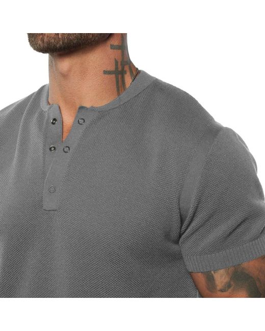 Weston Jon Boucher Gray Ss Mandarin Collar Slim Fit Knit Henley for men