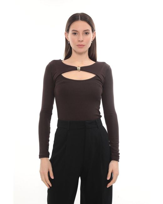 Monlicia Black Detail Cutout Long Sleeve Stretch Mila Top