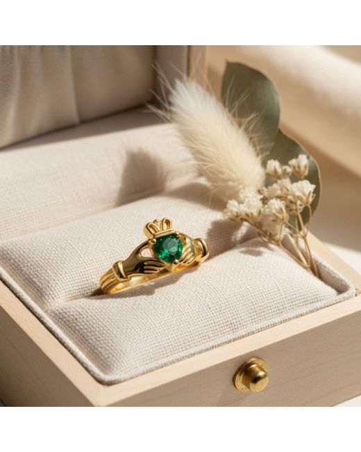 Seven Saints Yellow Claddagh Heart Ring Love, Friendship, Loyalty Emerald Zirconia And