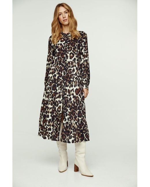 Conquista Black Animal Print Tiered Dress With Button Detail