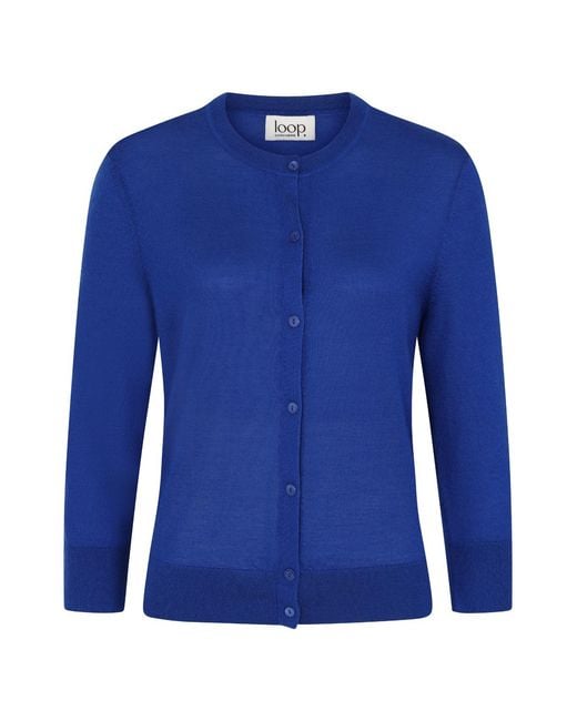 Loop Cashmere Blue Three Quarter Sleeve Crew Neck Cardigan