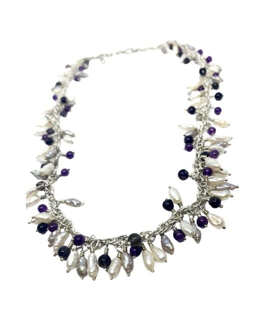 Tg-Jewellery by Tamara Gervasio Metallic Grappolo Fresh Water Pearls, Amethyst And Iolite Necklace One Of A Kind