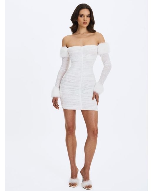 Miss Circle New York Gray Lani Lace Off-Shoulder Ruched Mini Dress