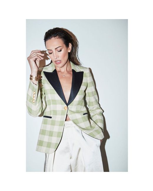 The Extreme Collection Green Single Breasted Plaid Cotton Blend Blazer With Velvet Flaps Berry