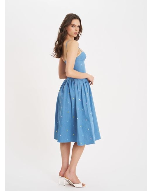Miss Circle New York Blue Zadie Cotton Denim Drop Waist Embroidery Flower Midi Dress