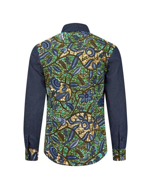 Ohema Ohene Blue Denim & African Print Cotton Shirt- Floral for men