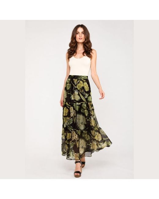 Conquista Green Floral Print Sheer Tiered Skirt – Semi-Maxi Length, Elastic Waist