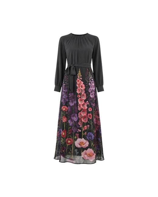 John Abgin Black Chiffon Floral Placement Print Maxi Dress