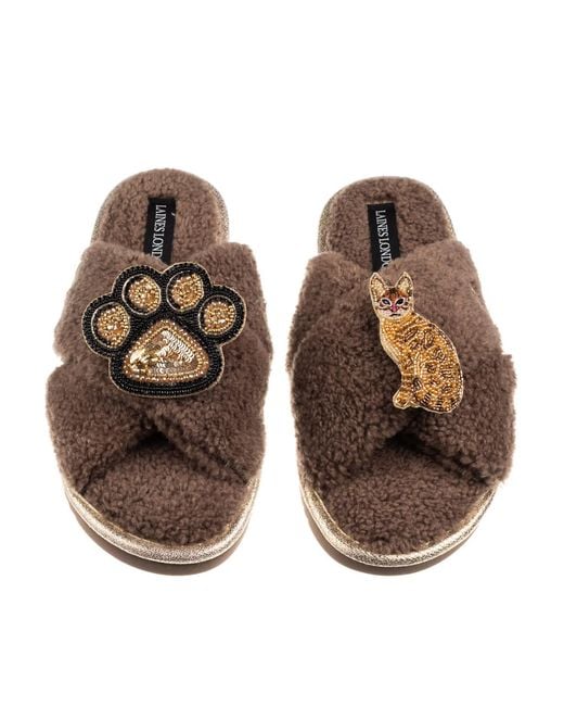 Laines London Brown Neutrals Boucle Slippers With Paw & Bengal Cat Brooches