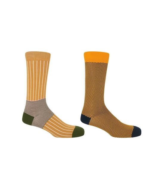 Peper Harow - Made in England White Mustard Oxford Stripe & Lux Taylor Socks Two Pack for men