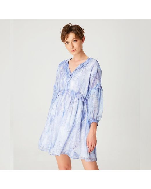 Smart and Joy Blue Short Trapeze Chiffon Dress With Abstract Print